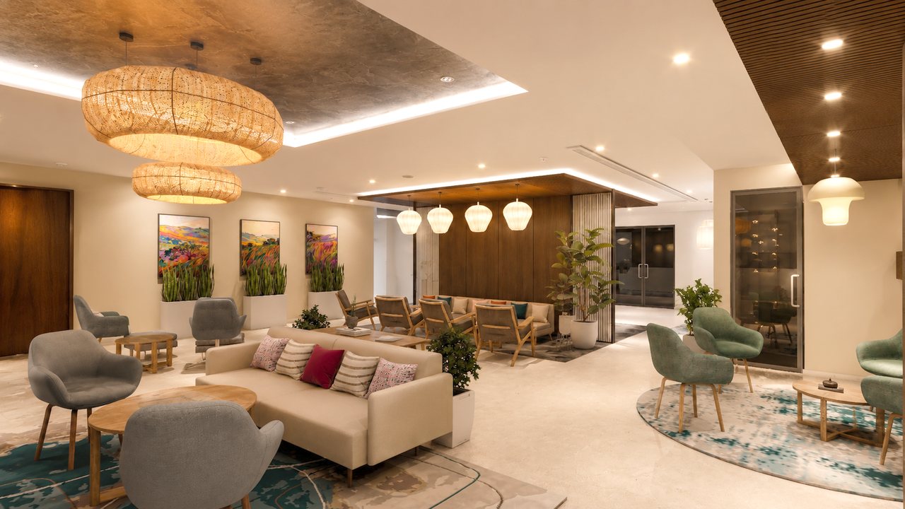 Reception lounge at Elite by Awfis, Prestige Trade Centre, Aerocity